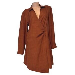 EMMA & MICHELE Womens LARGE Rust Orange Draped Ruched‎ Collared Wrap Shirt Dress
